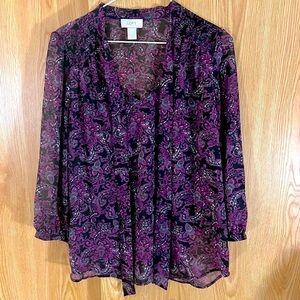 LOFT Deep Purple Floral Sheer Tie Neckline Swing Oversized Blouse Tunic Top